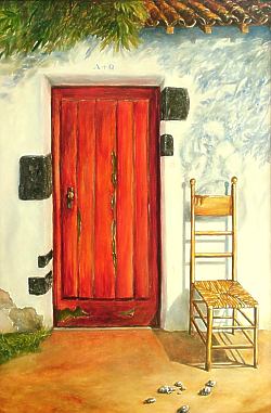 Helmut Toischer: Die rote Tür (Öl auf Holz)