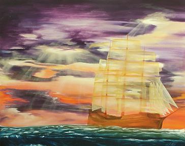 Andrea Walla: Geisterschiff mit Sonnen (Öl auf Holz)