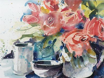 "Rosen" von Sonja Erlebach - Aquarell unter Einsatz von Rubbelkrepp